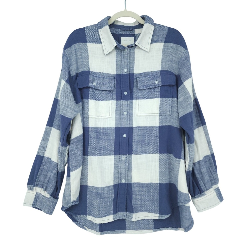 American Eagle Plaid Ahh-mazingly Soft Flannel Shirt Women L Blue White NWT